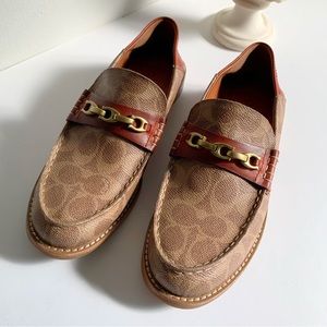 Coach Loafers Leather Monogram Mules Coach Chain Signature Print Saddle Brown 6